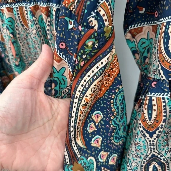 NWT 12 BLOOMCHIC Patchwork boho blue-teal colorful coastal woman maxi dress - Picture 13 of 14